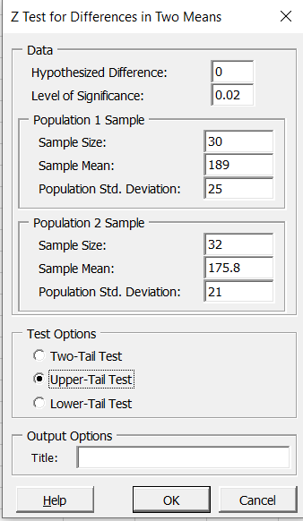 Excel PHStat application for upper-tail z-test