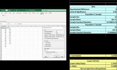 Excel PHStat application for pooled variance t-test
