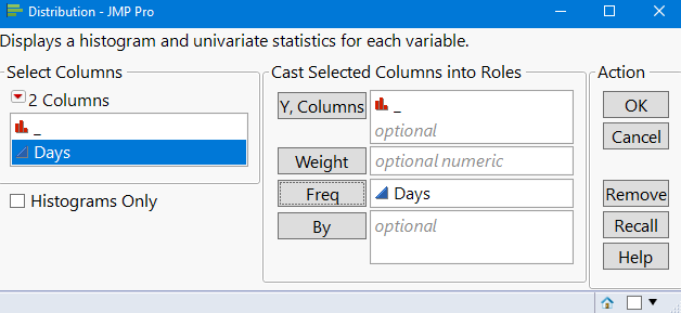 JMP Pro distribution setup for goodness of fit test
