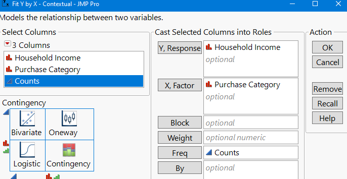 JMP Pro setup for chi-squared test of independence