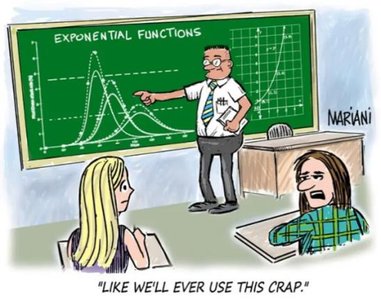 Cartoon of a teacher explaining exponential functions on a chalkboard, with students expressing skepticism about the usefulness of the topic.