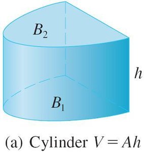 A general cylinder with base B1 and B2, height h, and volume V = Ah