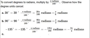 Degree to radian conversion examples