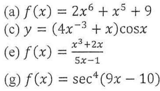 List of calculus derivative problems part 1