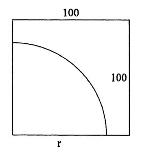 Goat tied to the corner of a square field with side 100 and rope of length r, showing the quarter circle grazed area.
