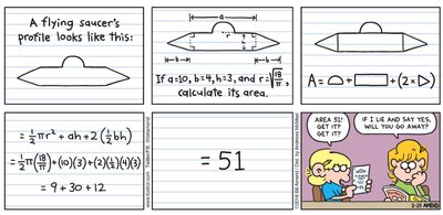 Cartoon showing area calculation for a flying saucer profile