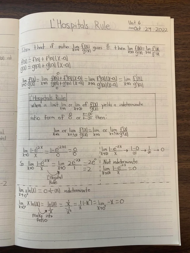 Handwritten notes on L'Hospital's Rule with examples and explanations
