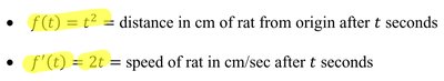 Derivative and function example: f(t) = t^2 and f'(t) = 2t