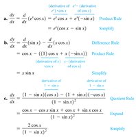 Examples of differentiation using product, difference, and quotient rules