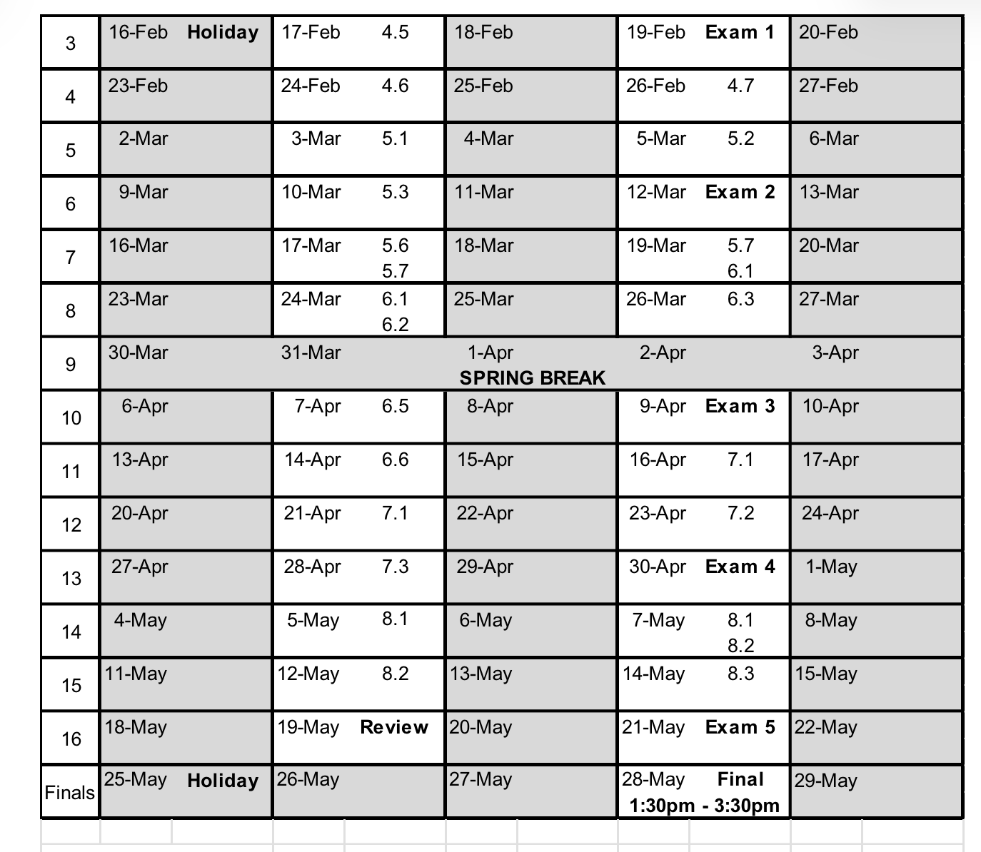 Course schedule table
