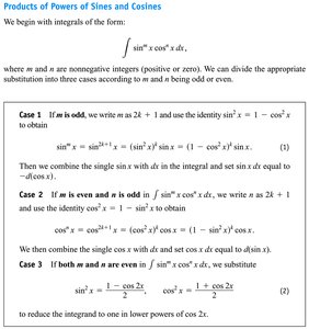 Summary table for products of powers of sines and cosines