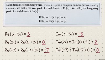 Definition and examples of real and imaginary parts of complex numbers