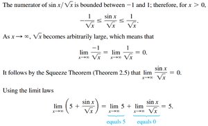 Limit calculation for f(x) = 5 + sin(x)/sqrt(x) as x approaches infinity