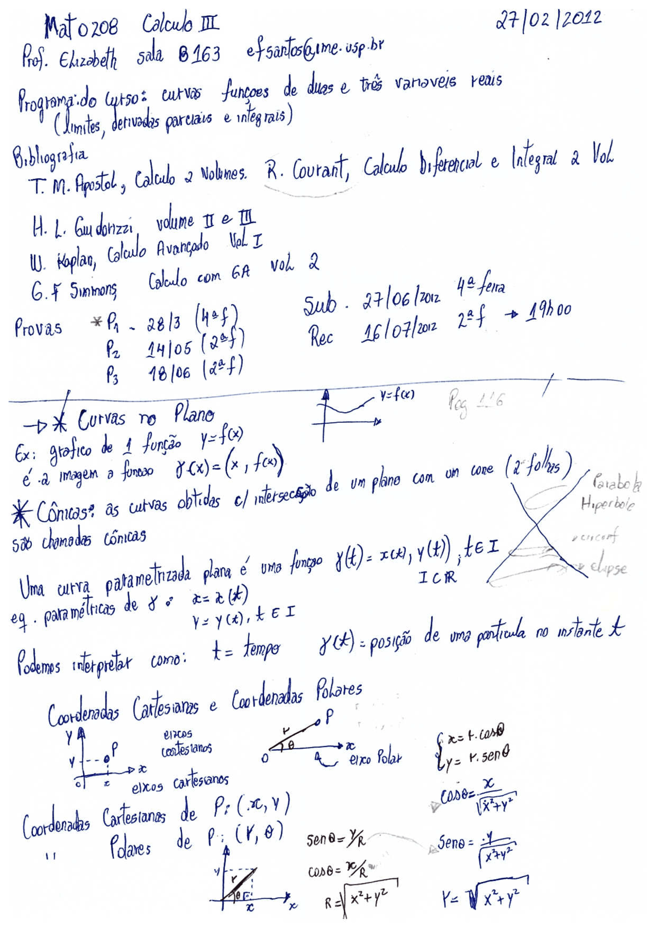 Handwritten notes showing graphs of functions and conic sections