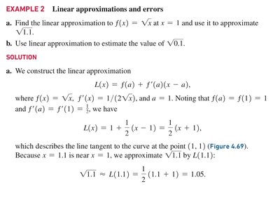 Linear approximation example for sqrt(x) at x=1