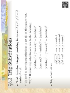 Trig substitution introduction and table of substitutions