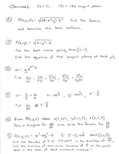 Handwritten calculus worksheet with tangent plane diagram
