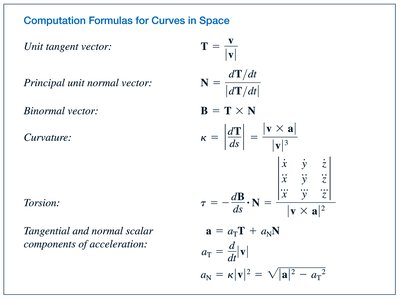 Computation formulas for curves in space: T, N, B, curvature, torsion, and acceleration components.