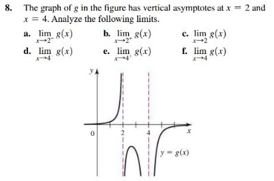 Graph of g(x) with vertical asymptotes at x=2 and x=4, used to analyze one-sided and two-sided limits