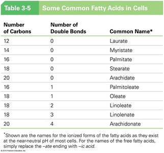 Table of common fatty acids in cells