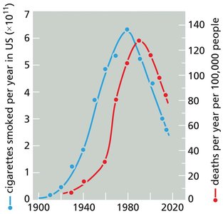 Graph showing correlation between cigarette consumption and lung cancer deaths
