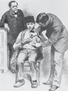 Wood engraving of Louis Pasteur watching Joseph Meister receive the rabies vaccine