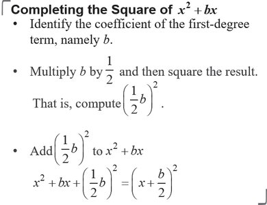 Steps for completing the square