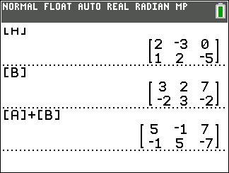 Calculator output of matrix addition A+B