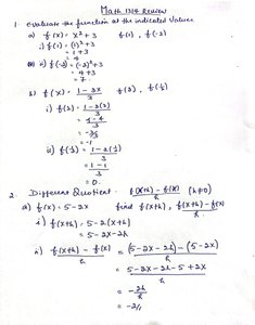 Handwritten worked examples of function evaluation and difference quotient