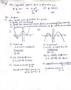 Handwritten analysis of function graphs, intercepts, and extrema