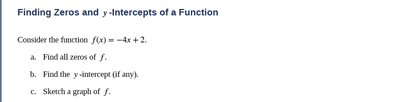 Finding zeros and y-intercepts example