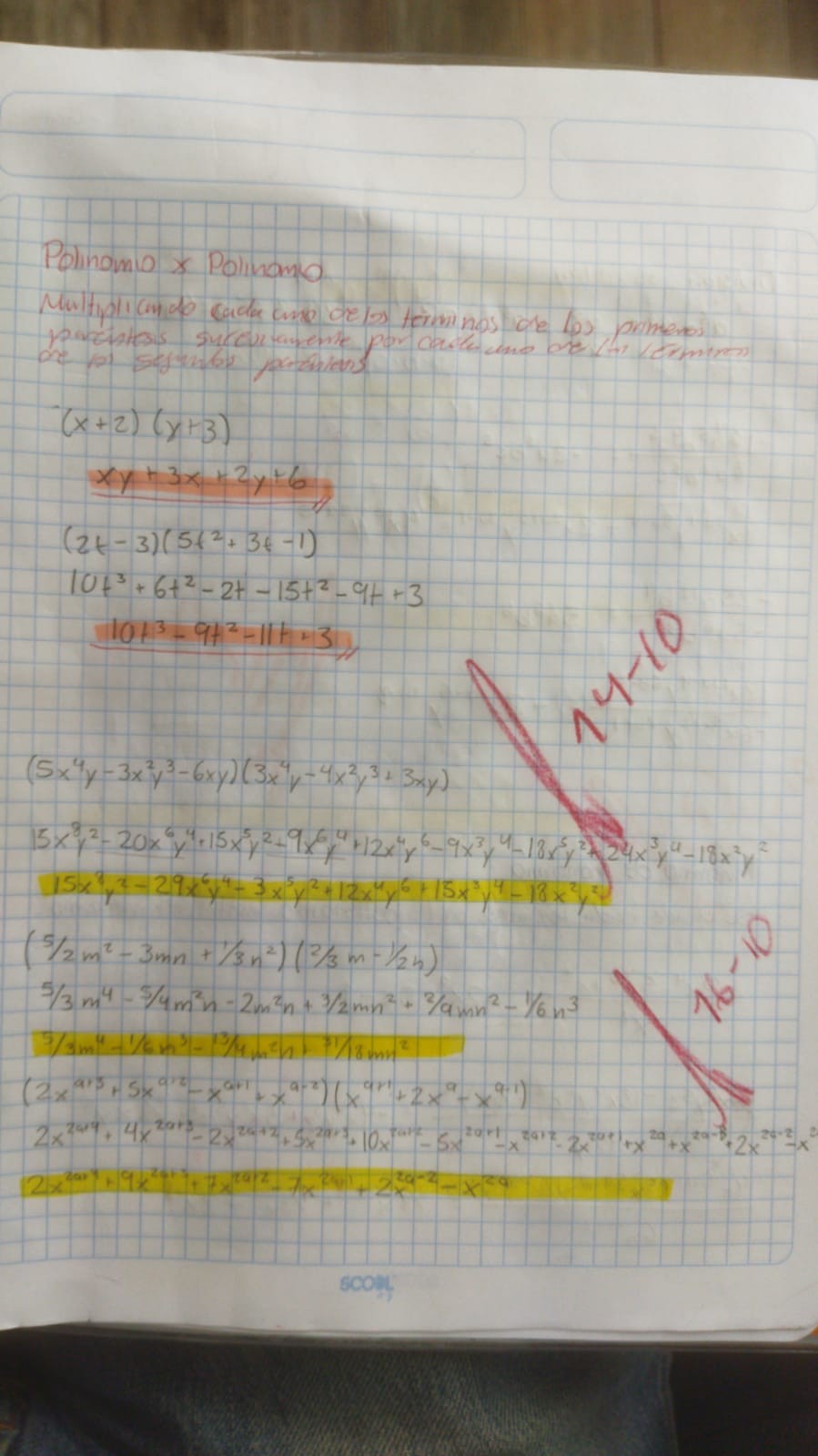 Handwritten notes showing examples of polynomial multiplication
