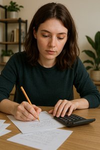 Student using calculator and scratch paper for online proctored test