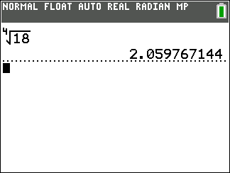 Calculator screen showing the fourth root of 18