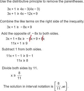 Step-by-step solution of a linear inequality with interval notation