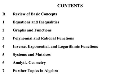 Table of contents for College Algebra textbook