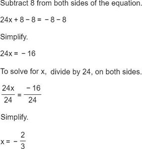Final steps of solving a linear equation, isolating x and finding x = -2/3
