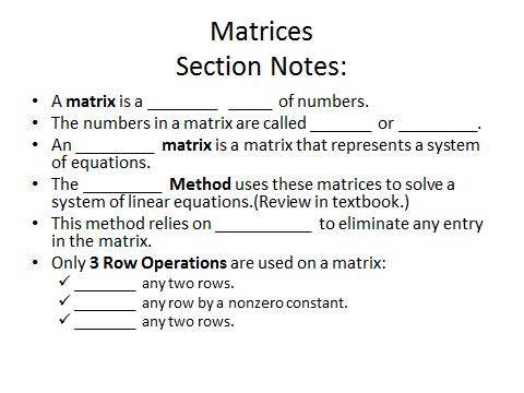 Section notes on matrices, including definitions and row operations