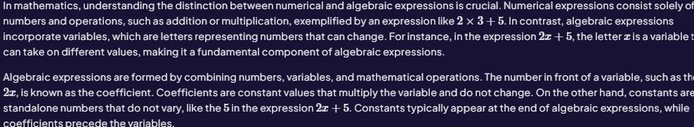 Text explaining numerical and algebraic expressions, with examples such as 2x + 5 and 2 × 3 + 5