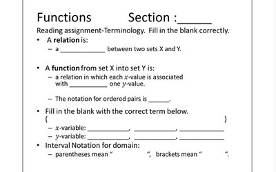 Terminology worksheet for functions and relations