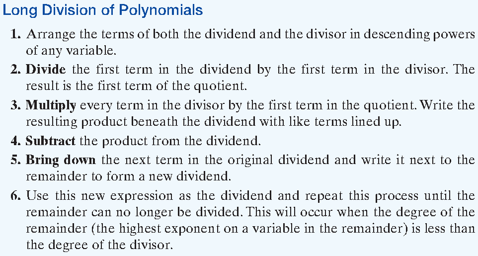 Step-by-step instructions for long division of polynomials