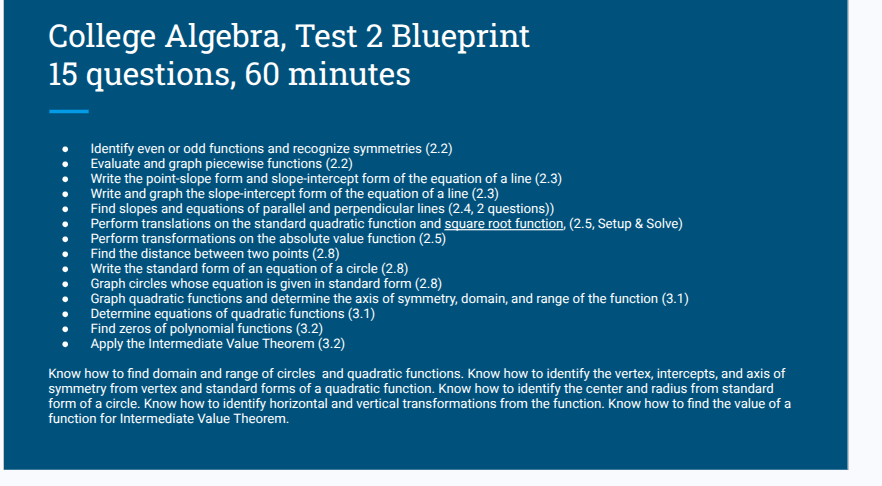 College Algebra Test 2 Blueprint slide