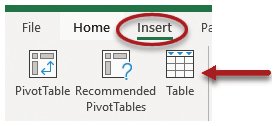 Excel Insert tab with Table icon