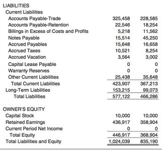 Balance sheet with liability values