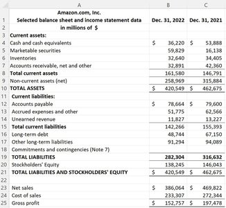 Amazon.com, Inc. Selected Balance Sheet and Income Statement Data