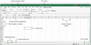 Microsoft Excel home screen with labeled features