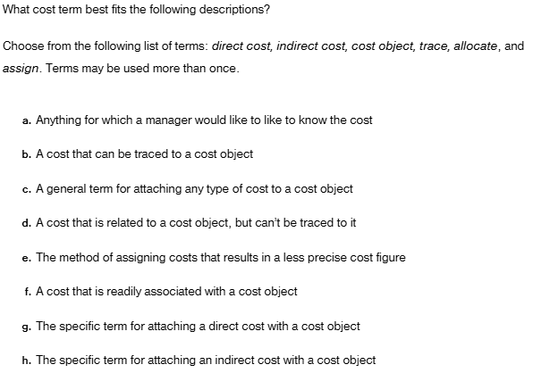 Cost term definitions exercise