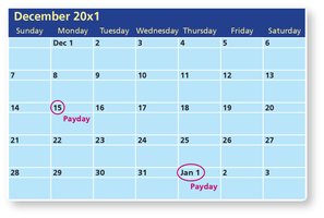 December calendar with paydays