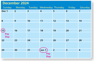 Calendar showing paydays