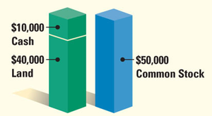 Bar chart showing Cash, Land, and Common Stock